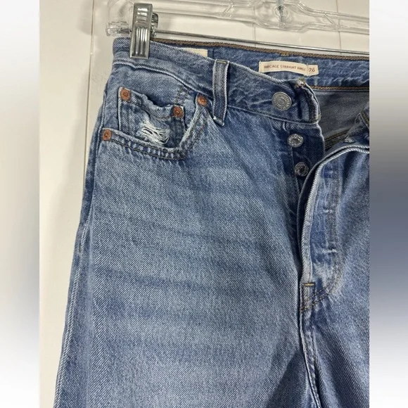 Levis Jeans Womens 26W 27L Premium Ribcage Straight Ankle Distressed Button Fly - Picture 2 of 16